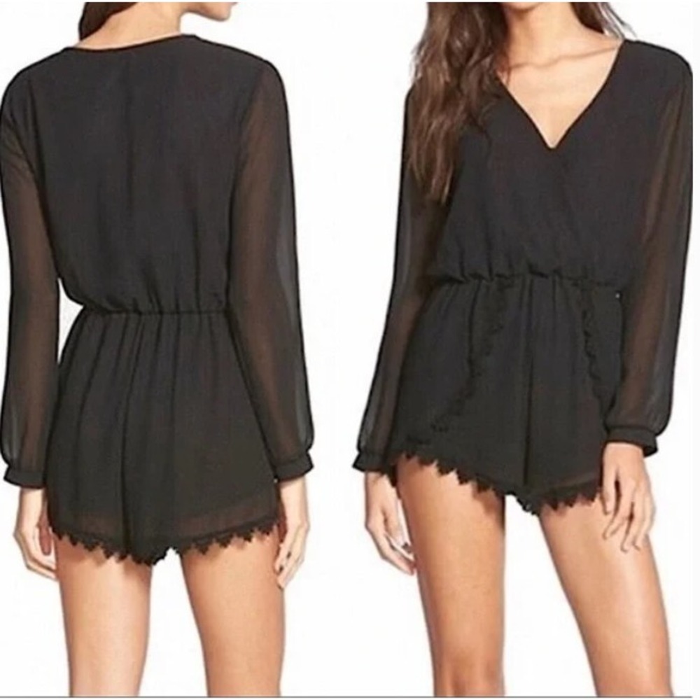 ASTR Black Lined Lace Trim Long Sheer Sleeve Party Romper Large